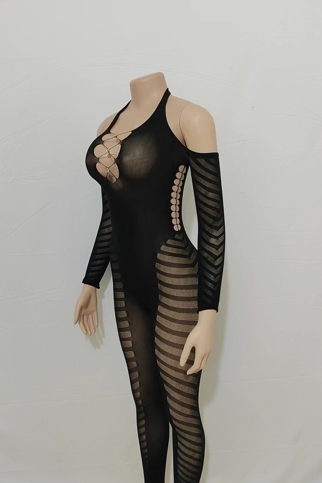 Solid Color Halterneck Sleeves Hollow See-through Backless Sexy Tight Jumpsuit