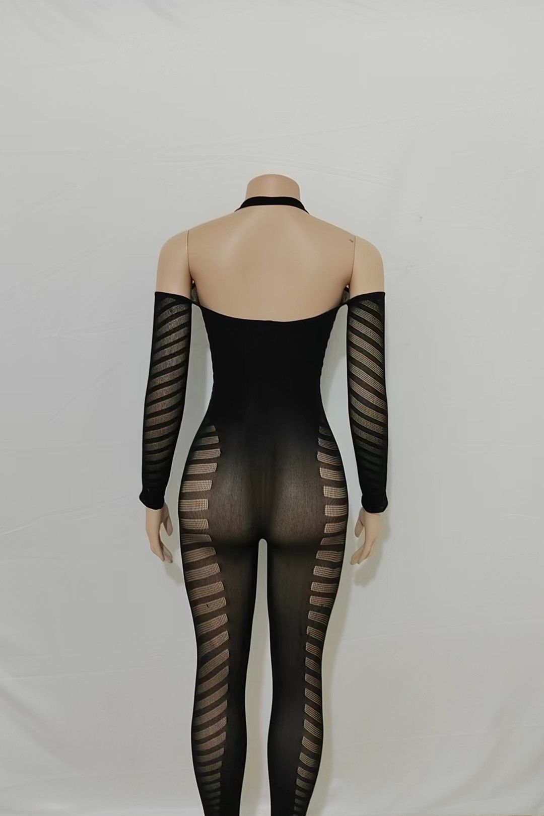 Solid Color Halterneck Sleeves Hollow See-through Backless Sexy Tight Jumpsuit