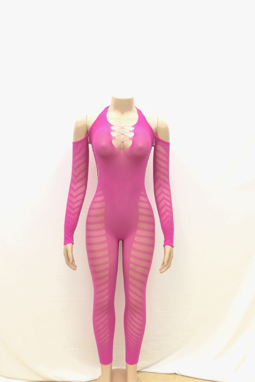 Solid Color Halterneck Sleeves Hollow See-through Backless Sexy Tight Jumpsuit