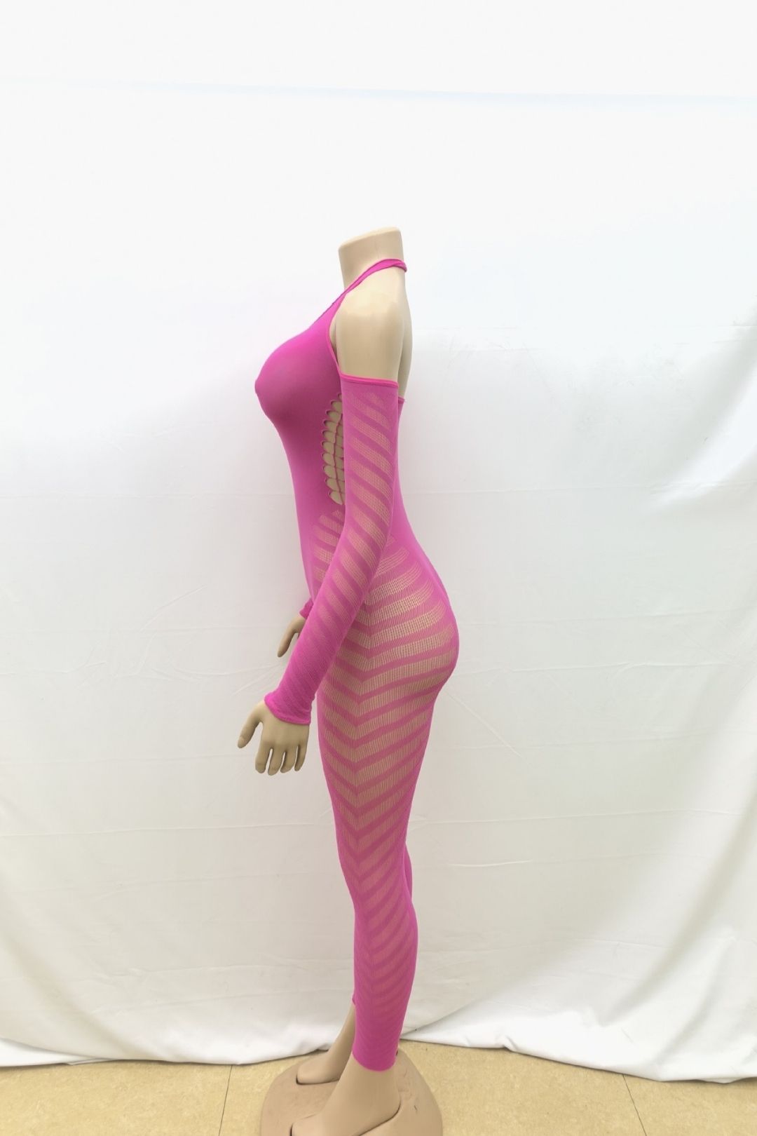 Solid Color Halterneck Sleeves Hollow See-through Backless Sexy Tight Jumpsuit