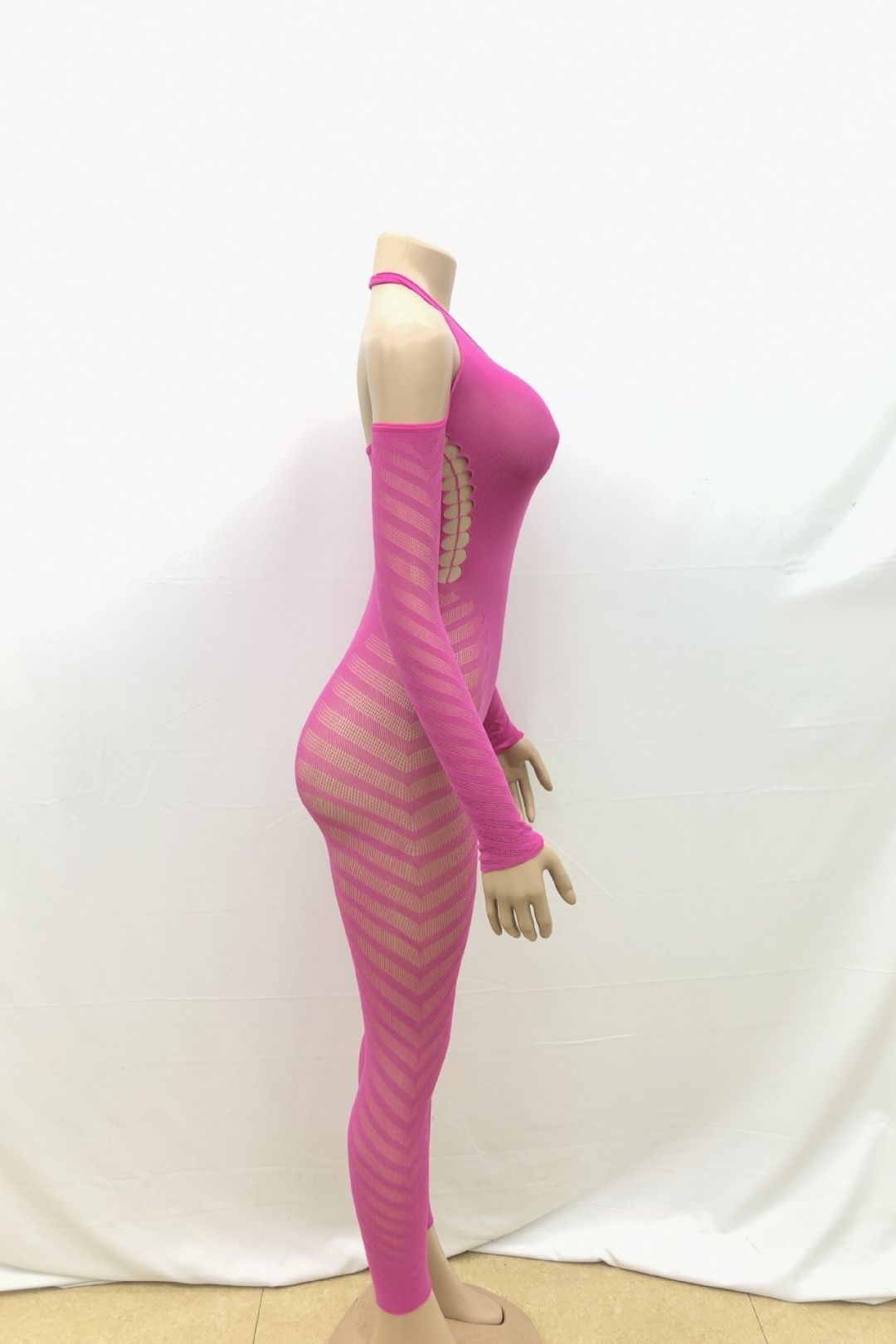 Solid Color Halterneck Sleeves Hollow See-through Backless Sexy Tight Jumpsuit