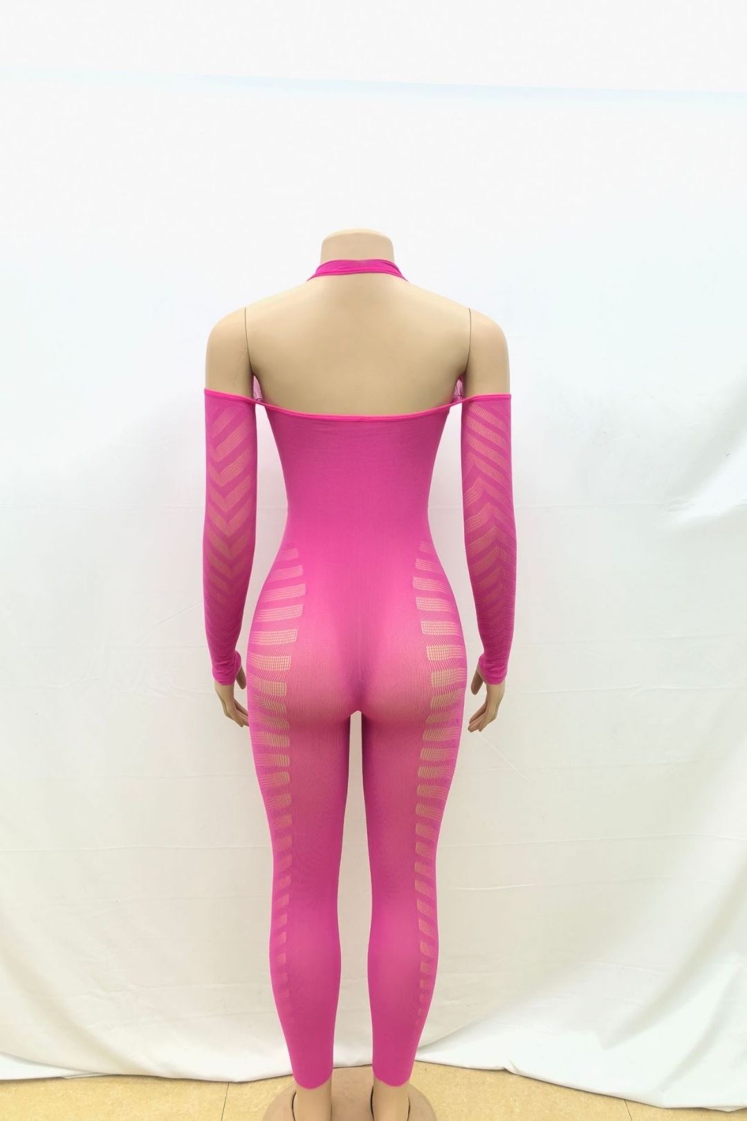 Solid Color Halterneck Sleeves Hollow See-through Backless Sexy Tight Jumpsuit