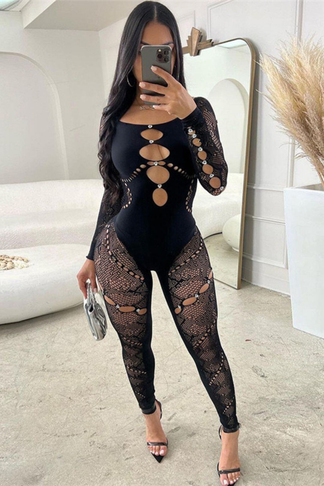 One-shoulder Long-sleeved Hollow Diamond-encrusted High-waisted Slim-fit Sexy One-piece Knitted Jumpsuit