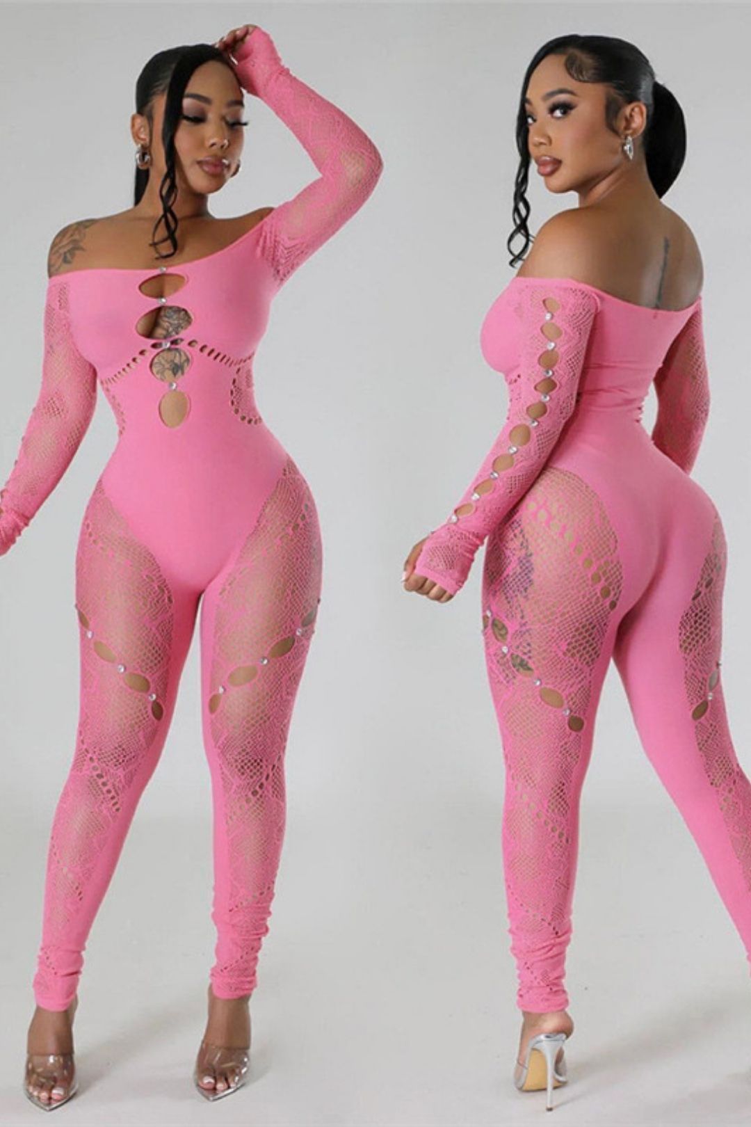 One-shoulder Long-sleeved Hollow Diamond-encrusted High-waisted Slim-fit Sexy One-piece Knitted Jumpsuit