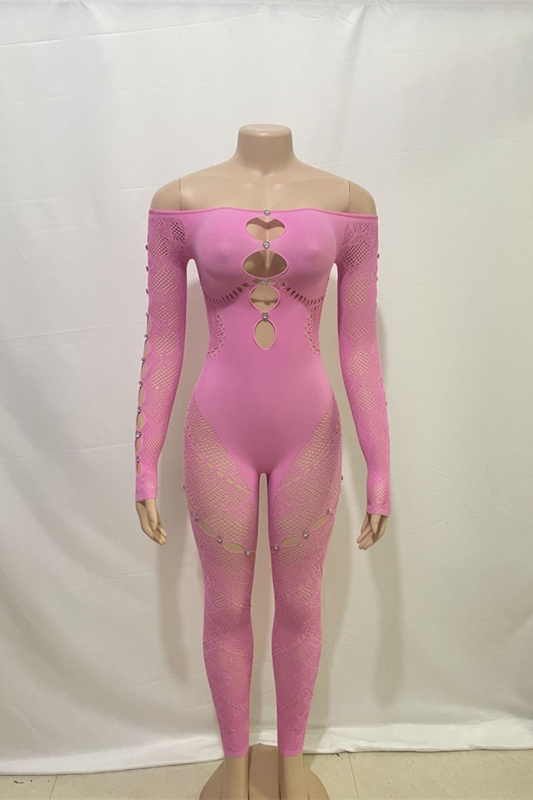 One-shoulder Long-sleeved Hollow Diamond-encrusted High-waisted Slim-fit Sexy One-piece Knitted Jumpsuit