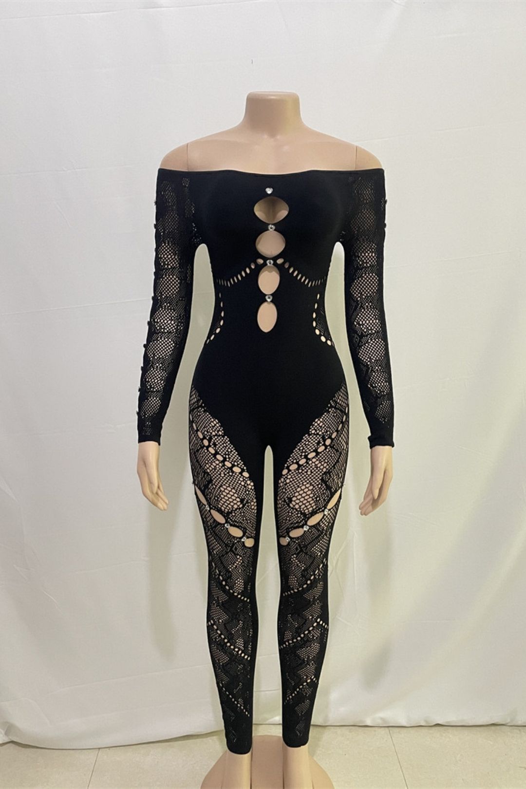 One-shoulder Long-sleeved Hollow Diamond-encrusted High-waisted Slim-fit Sexy One-piece Knitted Jumpsuit