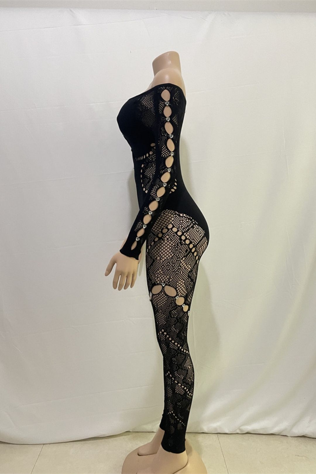 One-shoulder Long-sleeved Hollow Diamond-encrusted High-waisted Slim-fit Sexy One-piece Knitted Jumpsuit