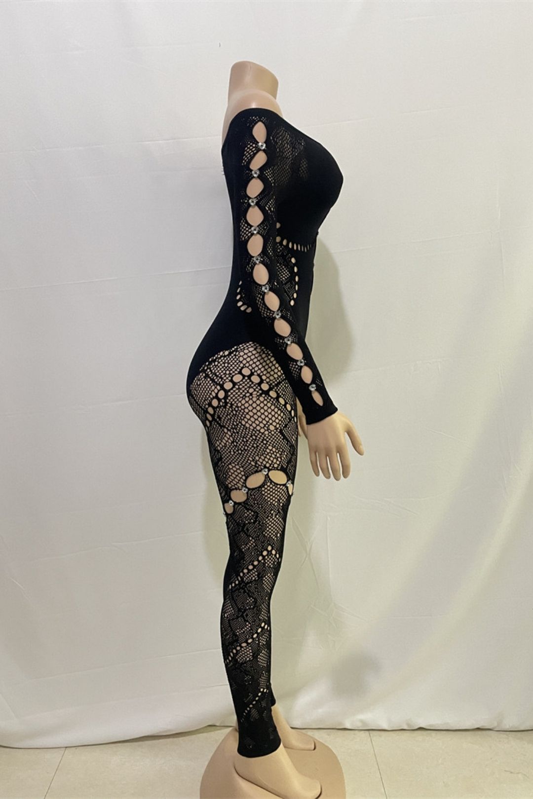 One-shoulder Long-sleeved Hollow Diamond-encrusted High-waisted Slim-fit Sexy One-piece Knitted Jumpsuit
