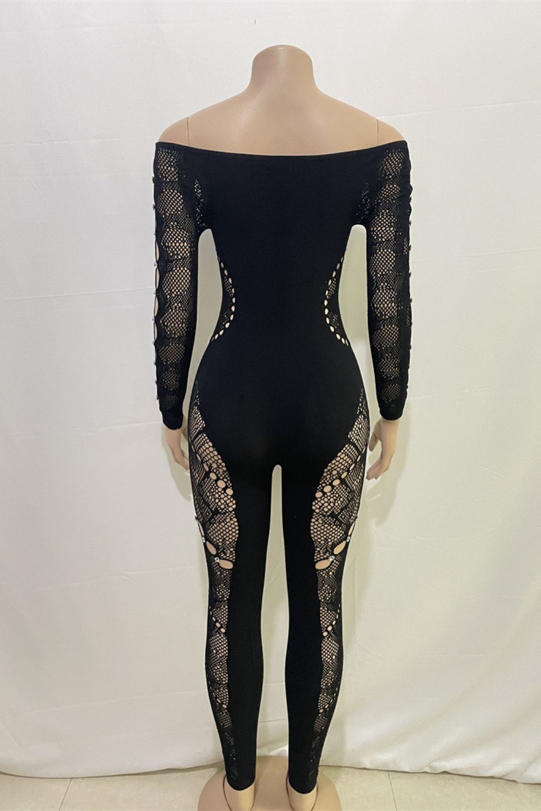One-shoulder Long-sleeved Hollow Diamond-encrusted High-waisted Slim-fit Sexy One-piece Knitted Jumpsuit