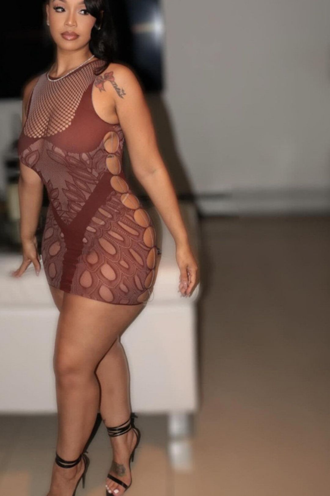 Ound Neck Sleeveless Solid Color Slim Fit Sexy See-through Hip-covering One-piece Knitted Dress