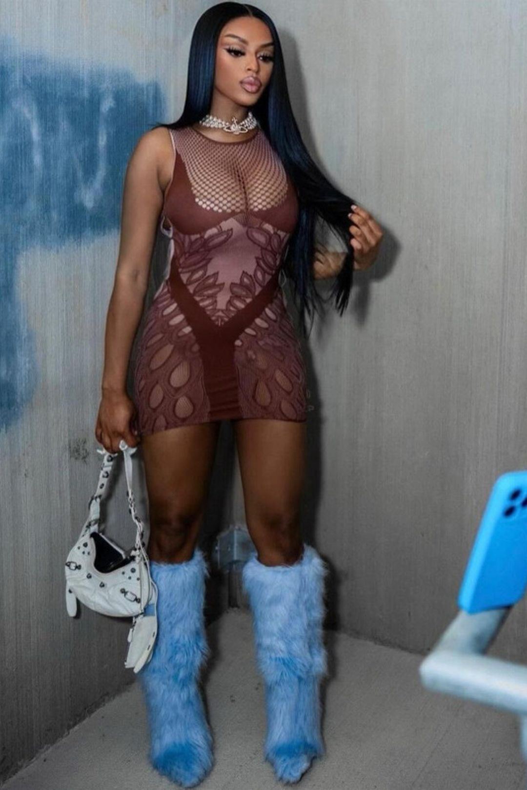 Ound Neck Sleeveless Solid Color Slim Fit Sexy See-through Hip-covering One-piece Knitted Dress