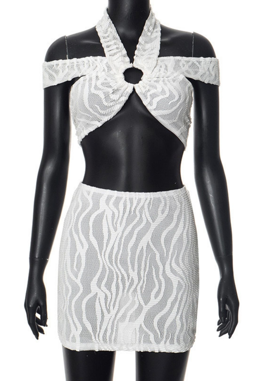 Solid Color Halter Neck Hollow Top High Waist Short Skirt Suit