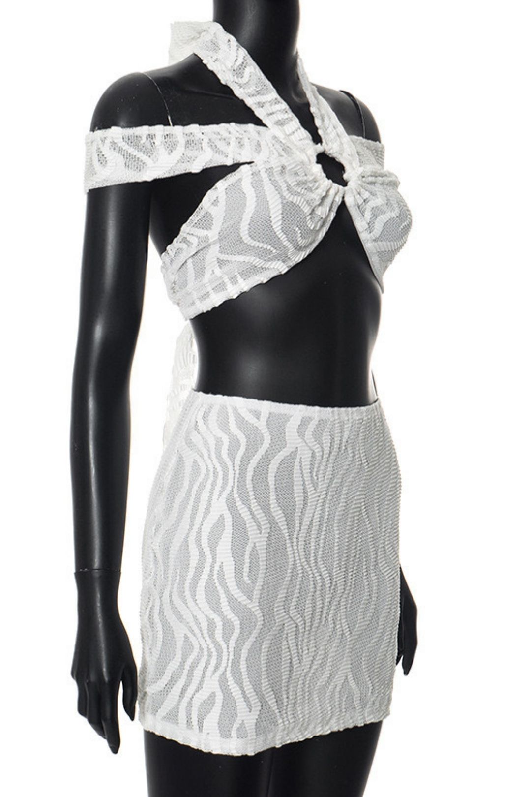 Solid Color Halter Neck Hollow Top High Waist Short Skirt Suit