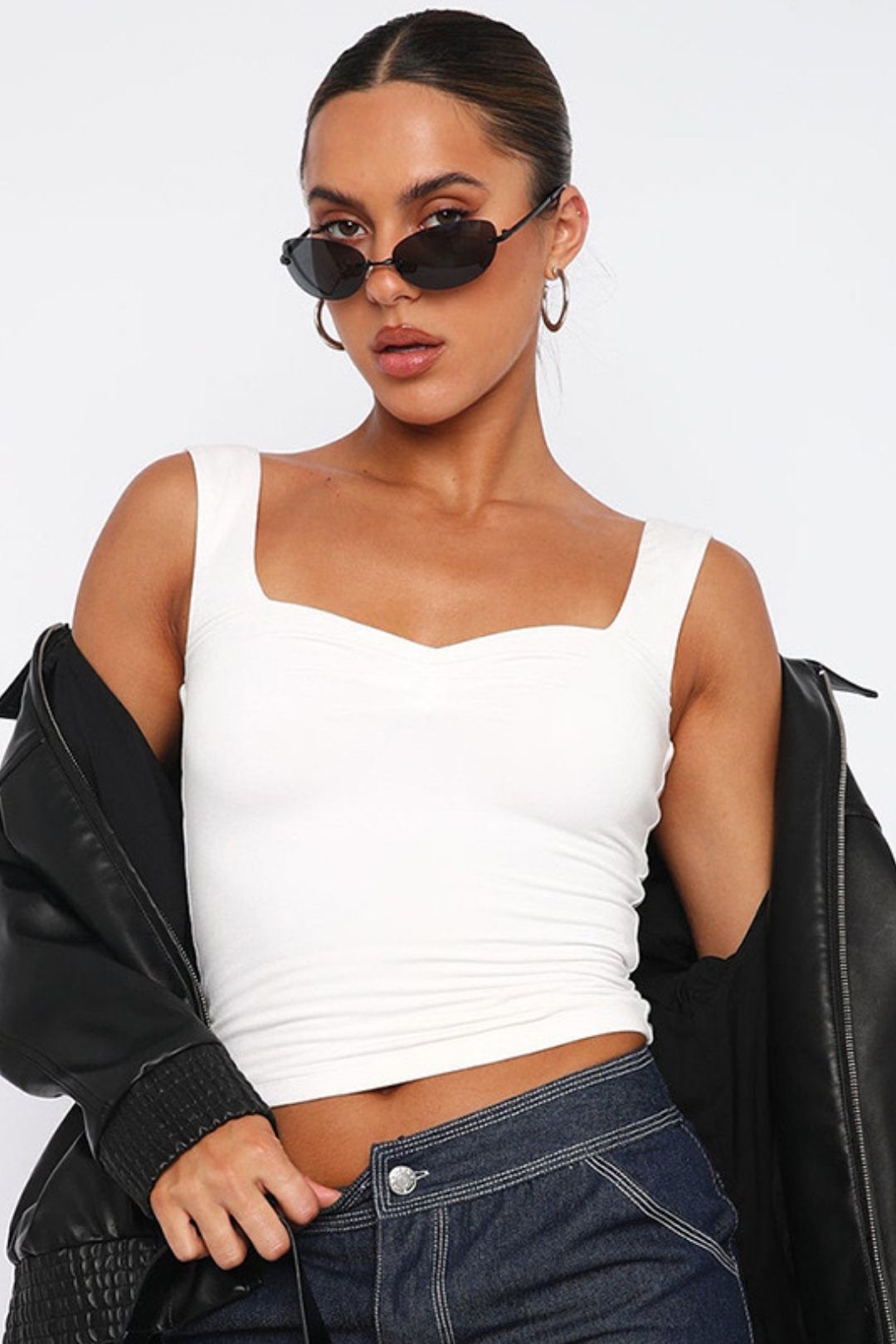 New Casual Slim Fit Stitching Navel-baring Solid Color Square Collar Micro-pleated T-shirt