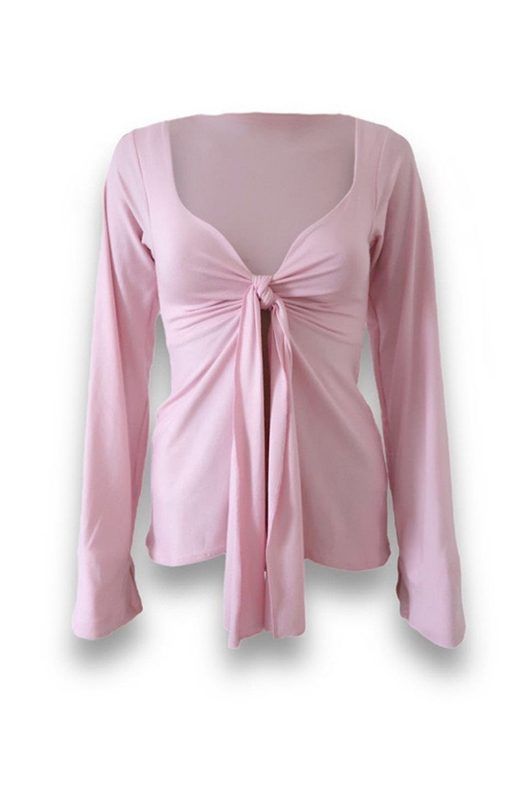 Solid Color Twisted Bell Sleeves Slit Crop Top T-shirt