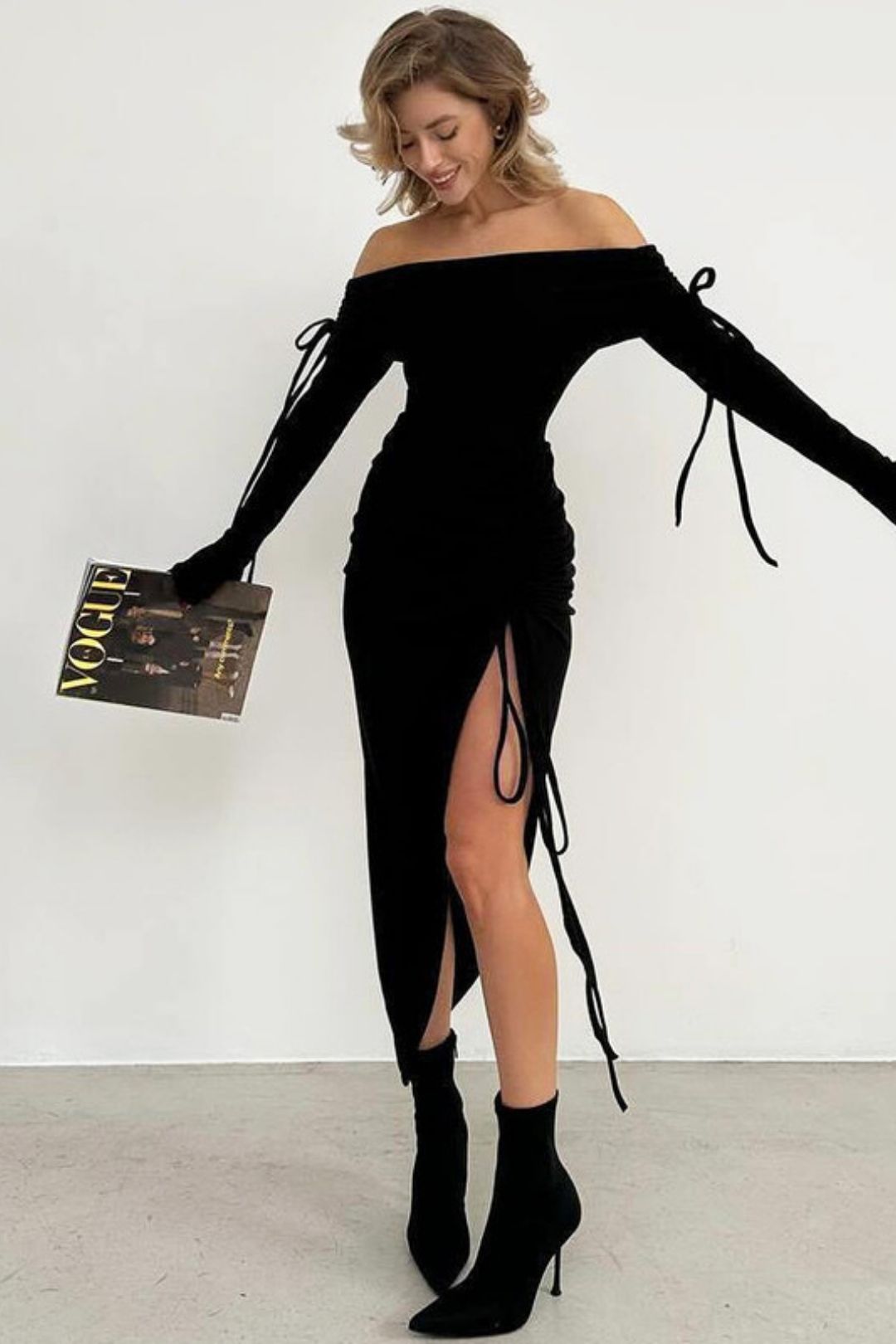 Sexy Tube Top One-shoulder Trumpet Sleeves Drawstring Sexy Slit Dress