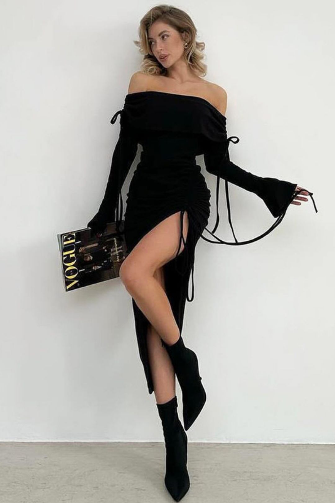 Sexy Tube Top One-shoulder Trumpet Sleeves Drawstring Sexy Slit Dress