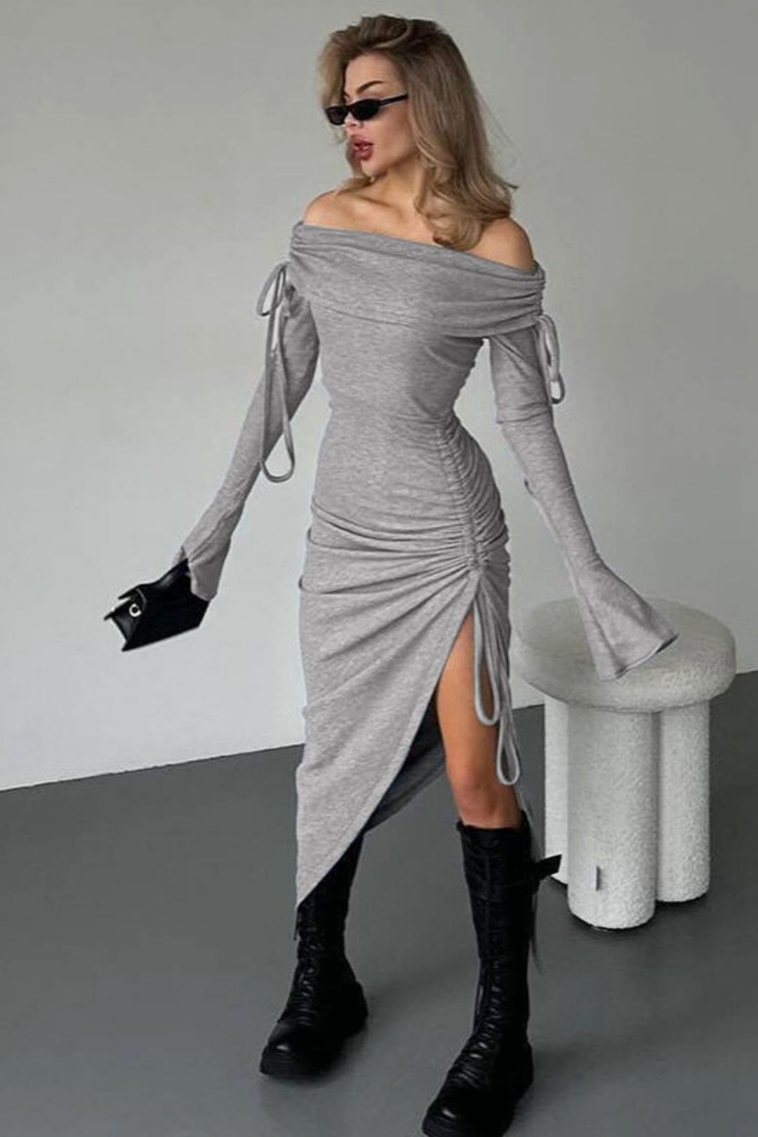 Sexy Tube Top One-shoulder Trumpet Sleeves Drawstring Sexy Slit Dress