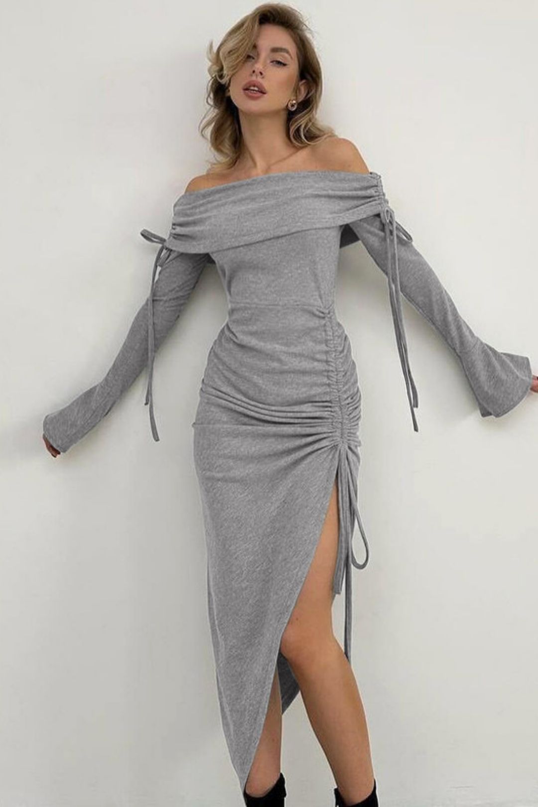 Sexy Tube Top One-shoulder Trumpet Sleeves Drawstring Sexy Slit Dress