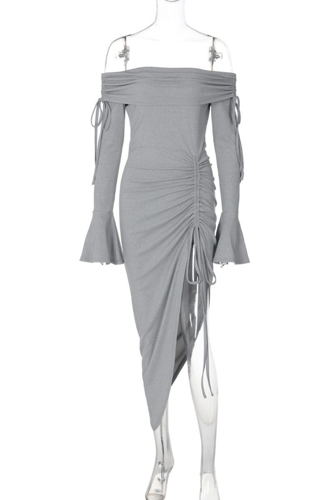 Sexy Tube Top One-shoulder Trumpet Sleeves Drawstring Sexy Slit Dress