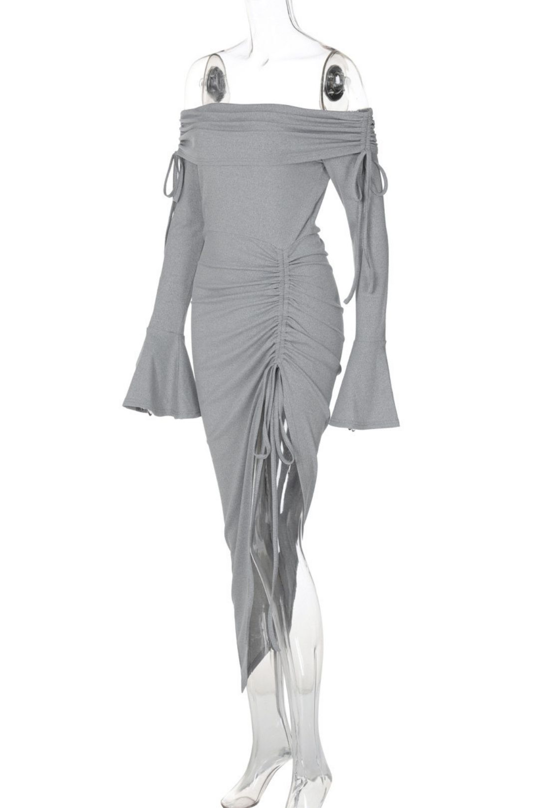 Sexy Tube Top One-shoulder Trumpet Sleeves Drawstring Sexy Slit Dress