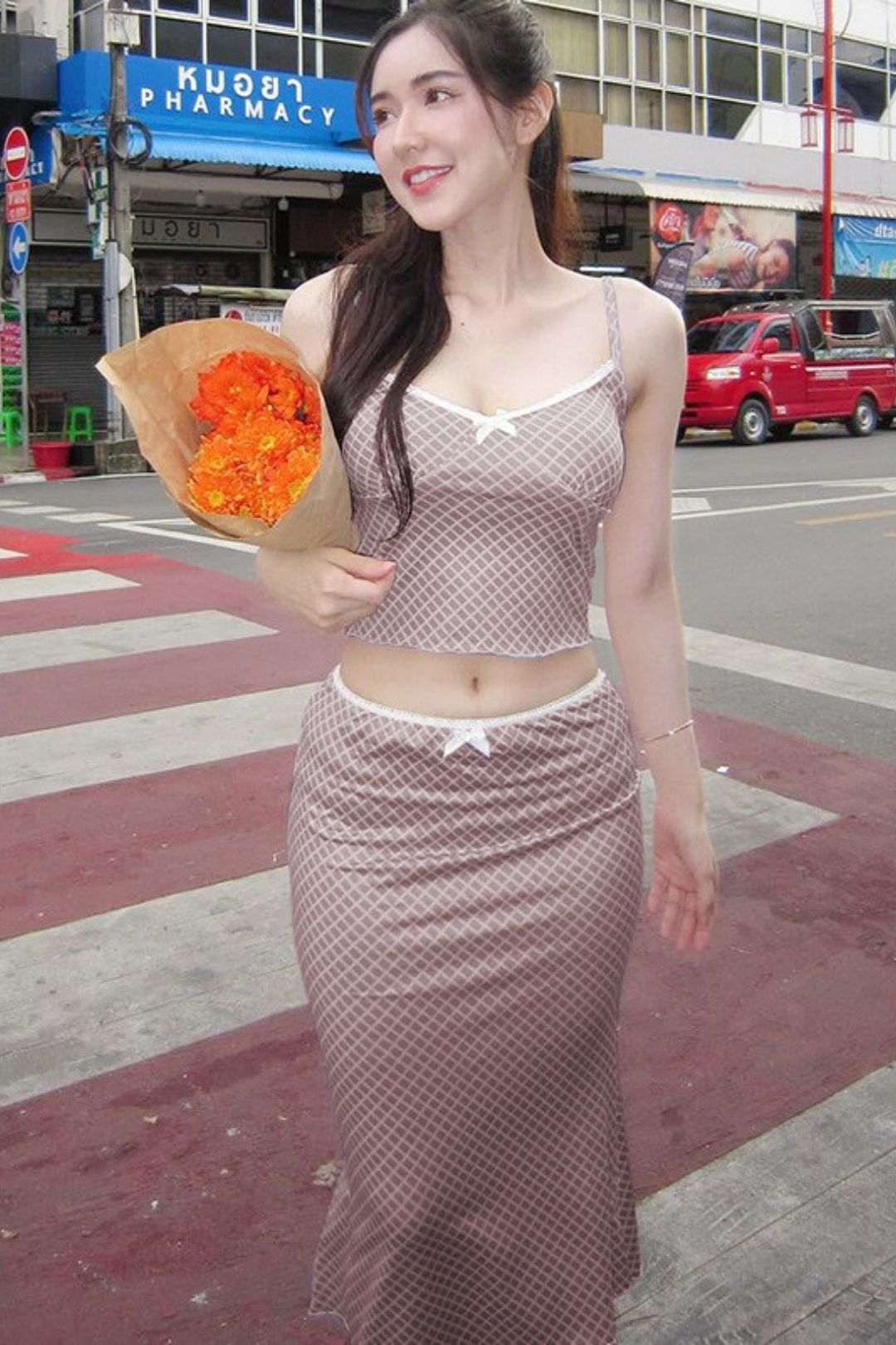 Printed Suit Sexy Navel-baring Small Suspender Slim Long Skirt Two-piece Set