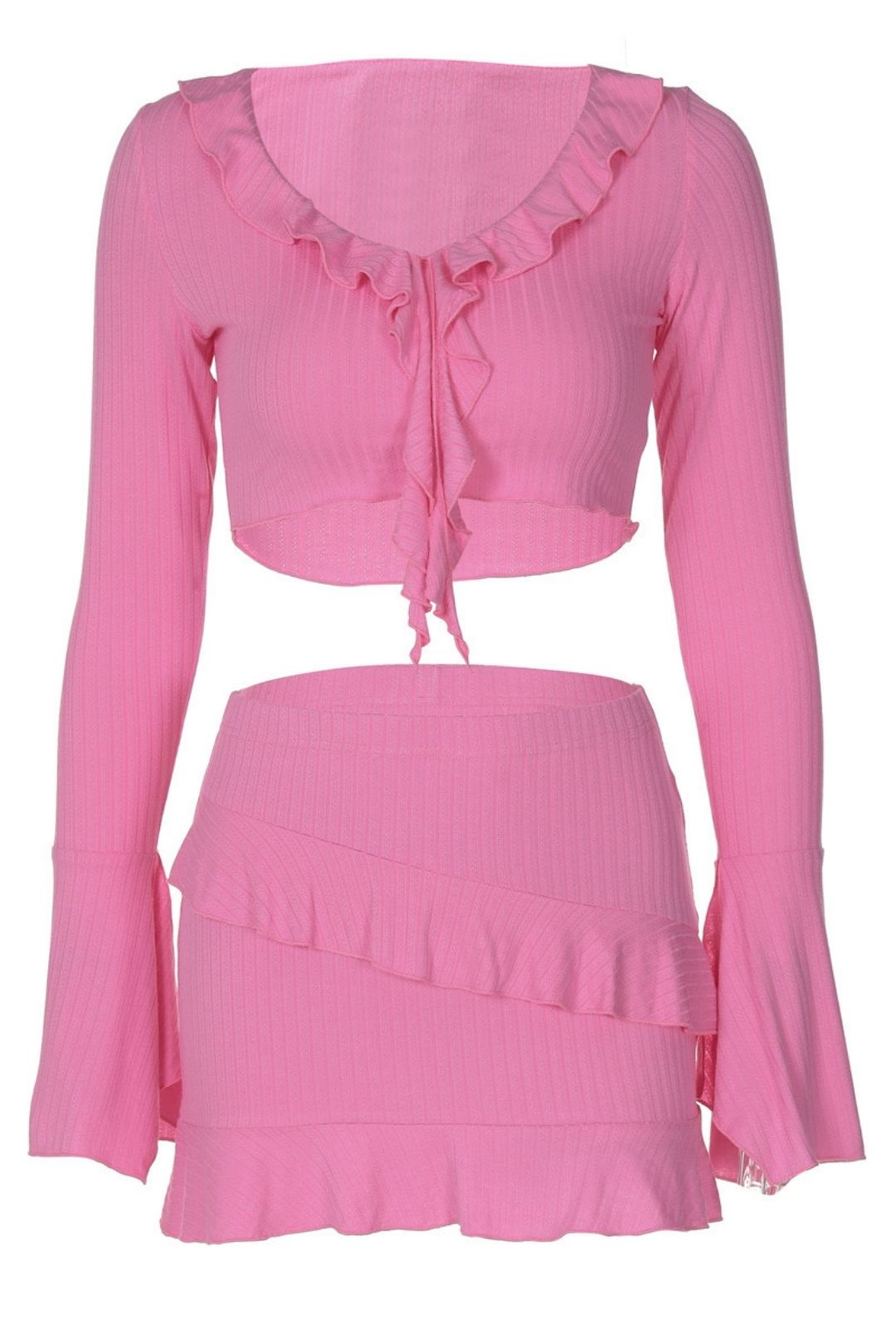 Ruffled Slit Long-sleeved Tops Sexy Ultra-short Hip-hugging Skirt Suit