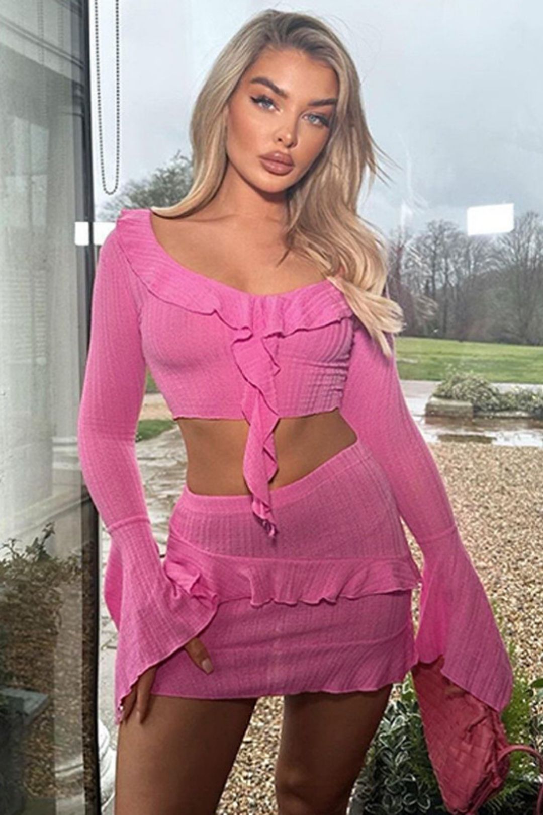 Ruffled Slit Long-sleeved Tops Sexy Ultra-short Hip-hugging Skirt Suit