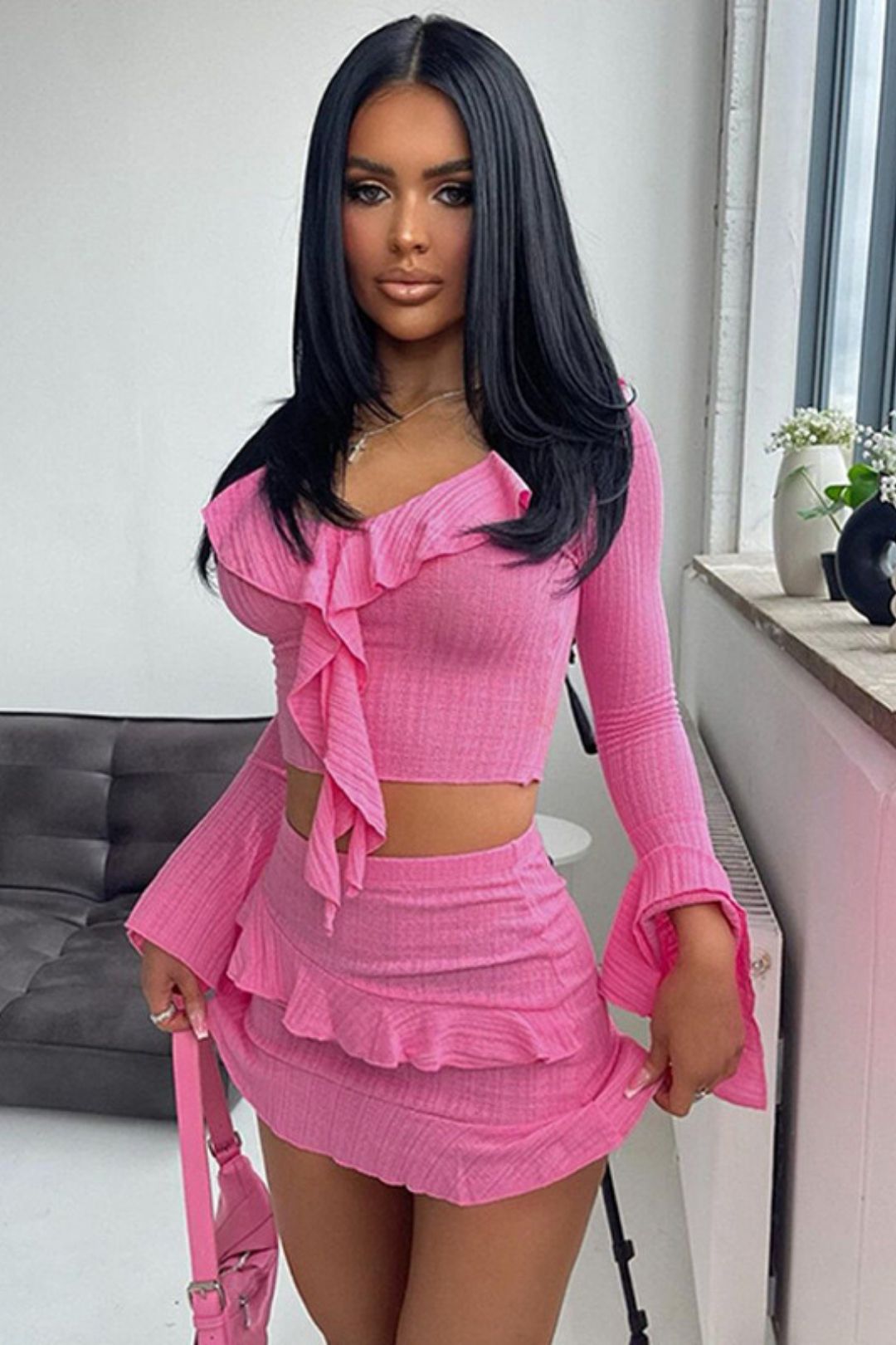 Ruffled Slit Long-sleeved Tops Sexy Ultra-short Hip-hugging Skirt Suit