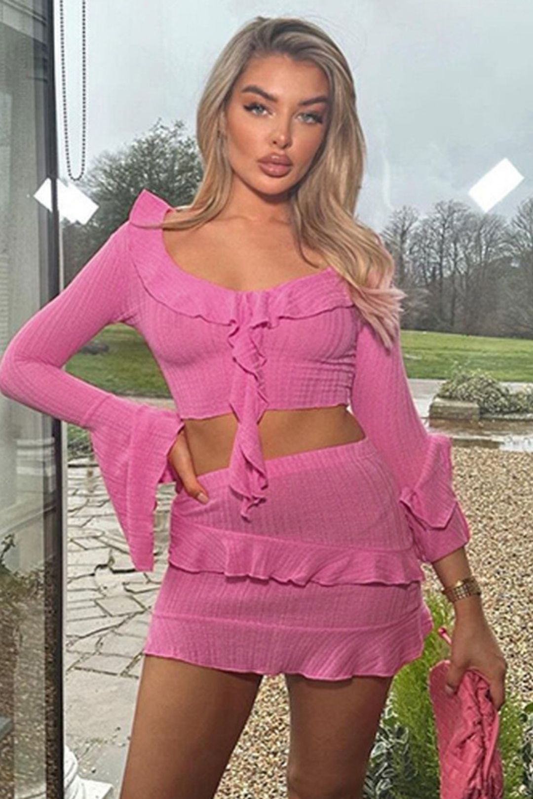 Ruffled Slit Long-sleeved Tops Sexy Ultra-short Hip-hugging Skirt Suit