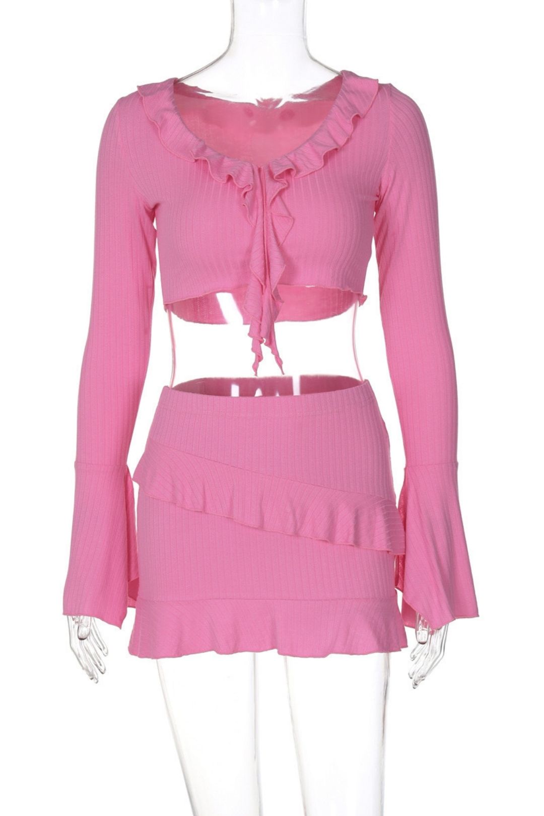 Ruffled Slit Long-sleeved Tops Sexy Ultra-short Hip-hugging Skirt Suit