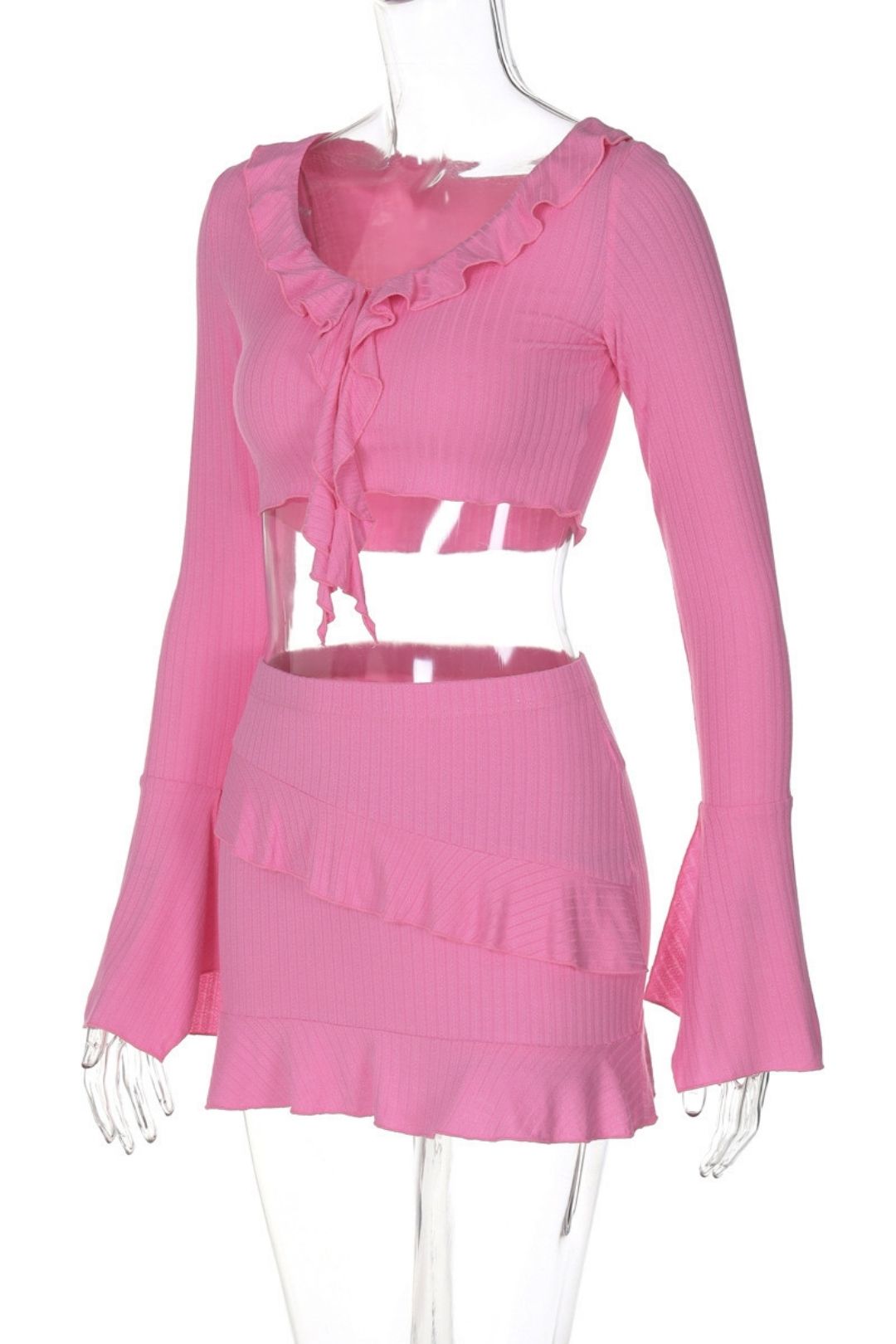 Ruffled Slit Long-sleeved Tops Sexy Ultra-short Hip-hugging Skirt Suit