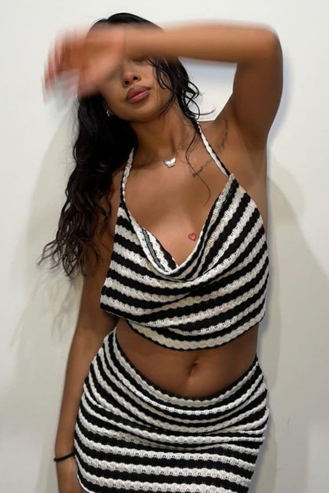 Sexy Halter Neck, Backless, Chest-wrapped, Fashionable Striped Hip-hugging Short Skirt Suit