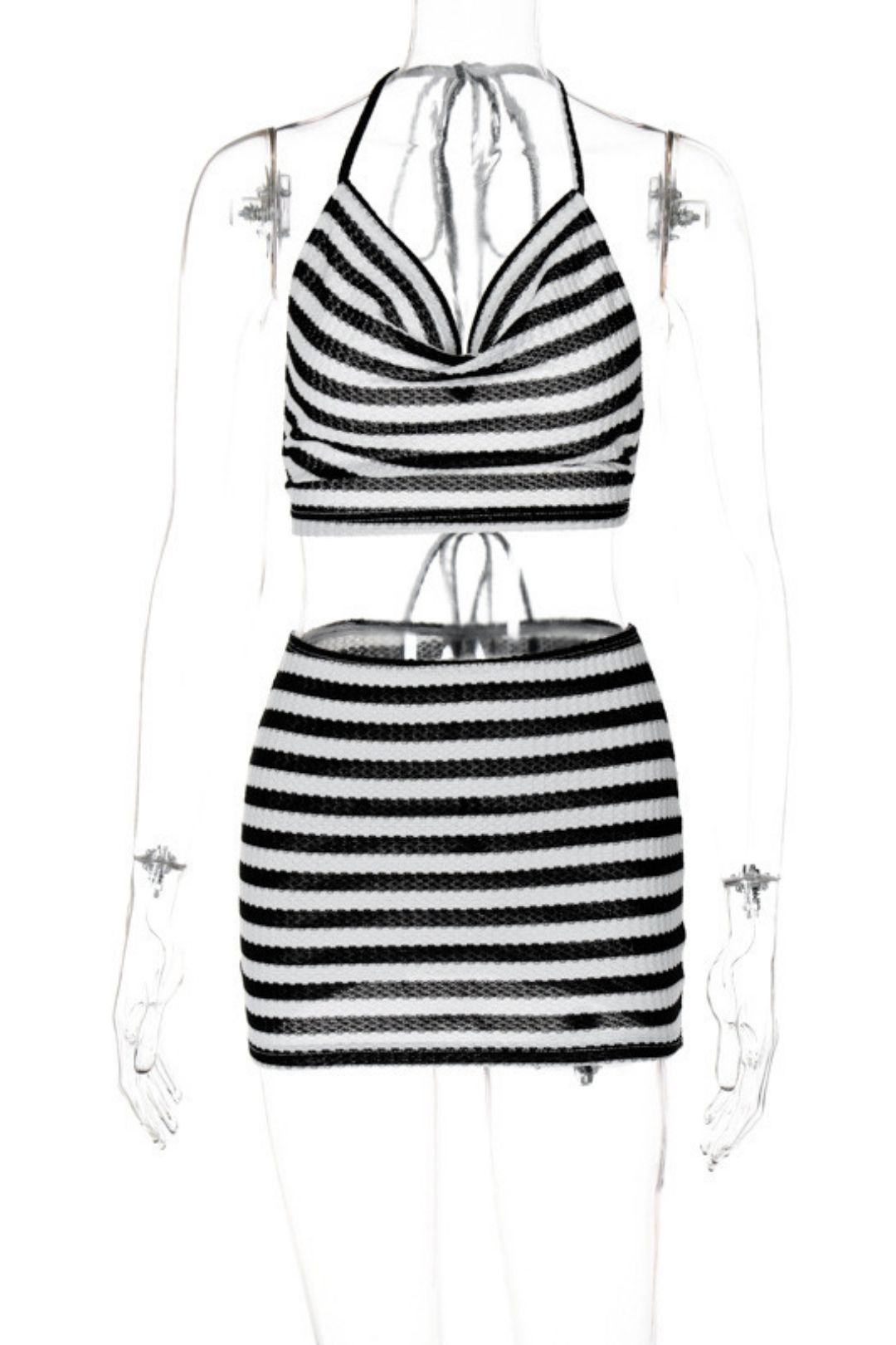 Sexy Halter Neck, Backless, Chest-wrapped, Fashionable Striped Hip-hugging Short Skirt Suit