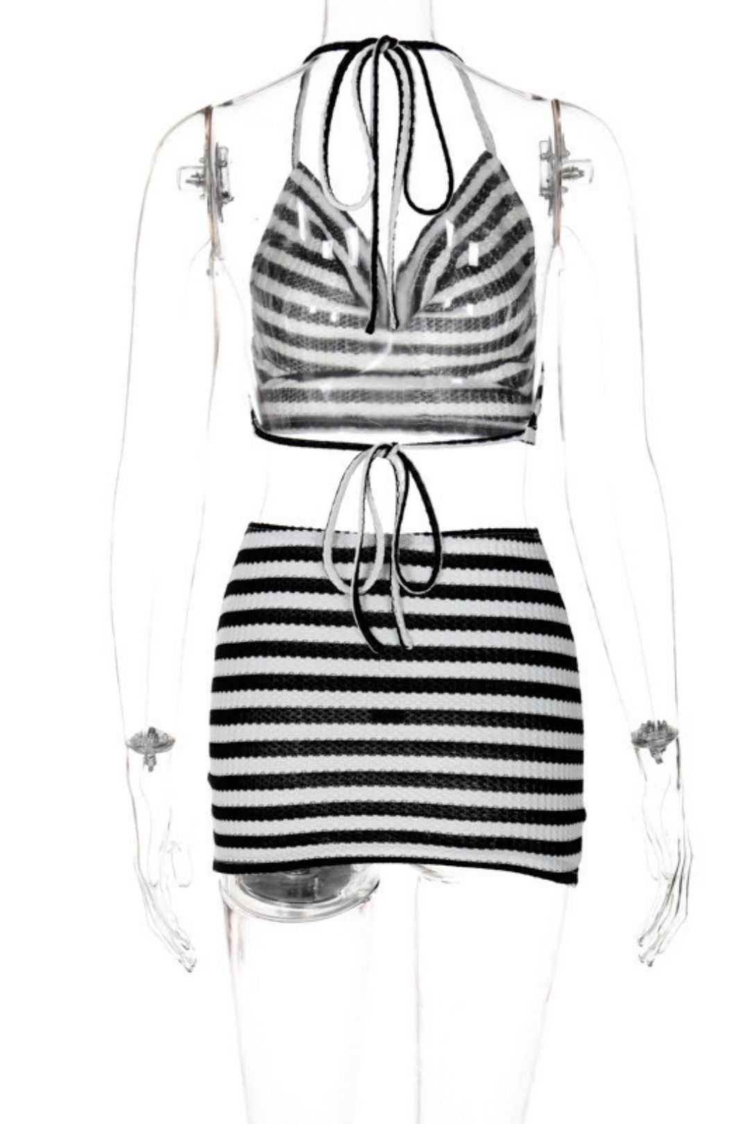 Sexy Halter Neck, Backless, Chest-wrapped, Fashionable Striped Hip-hugging Short Skirt Suit
