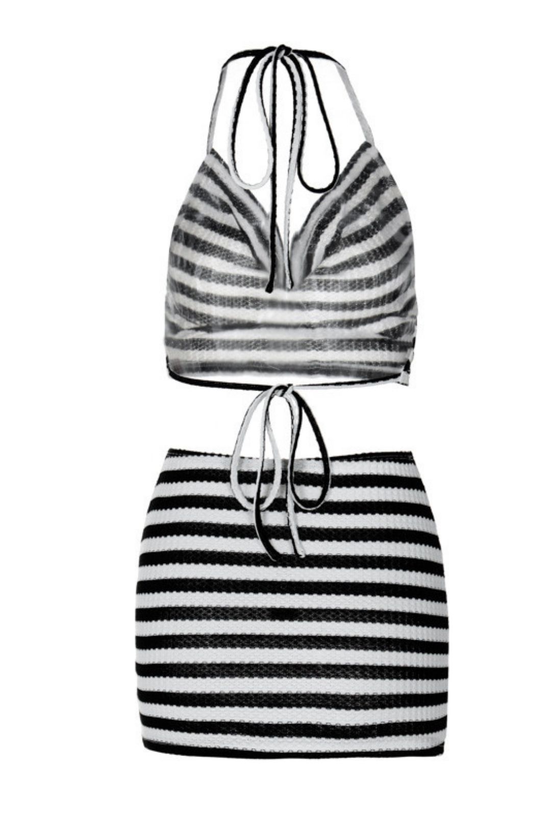 Sexy Halter Neck, Backless, Chest-wrapped, Fashionable Striped Hip-hugging Short Skirt Suit