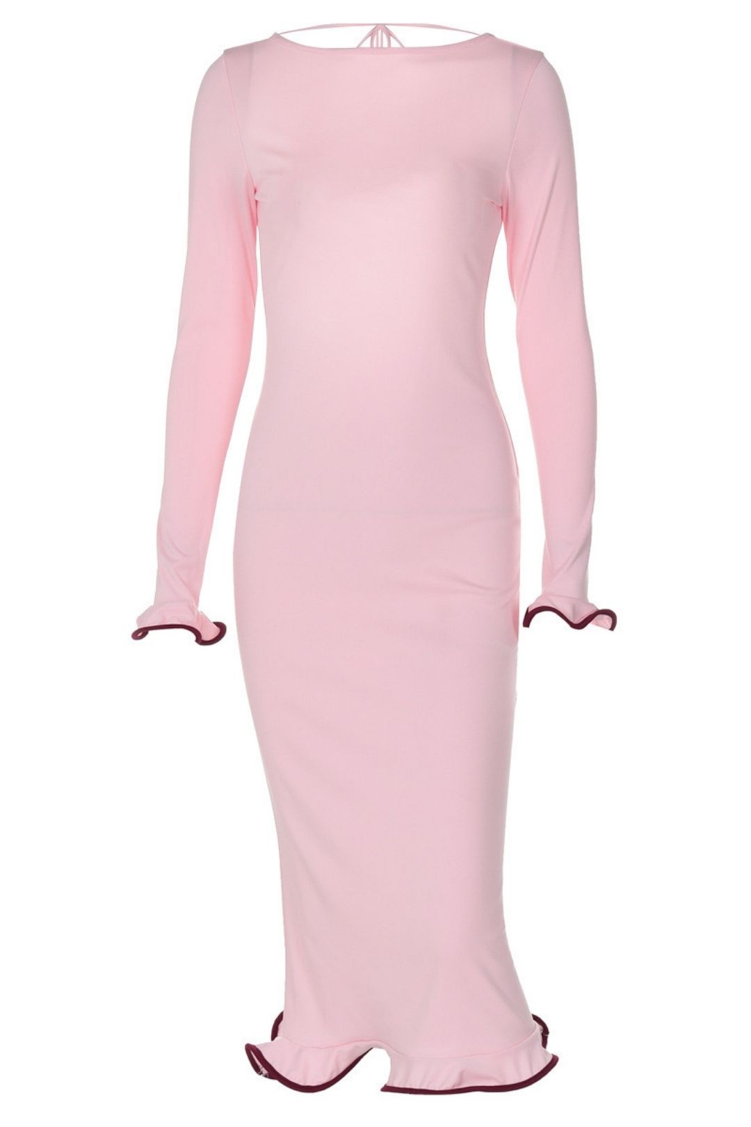 Backless Bell Sleeve Ruffle Skirt Knitted Long Dress Sexy Contrasting Color Long Dress