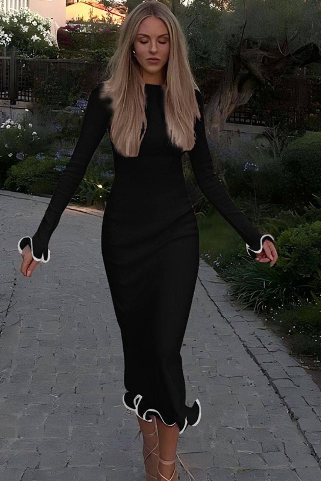 Backless Bell Sleeve Ruffle Skirt Knitted Long Dress Sexy Contrasting Color Long Dress