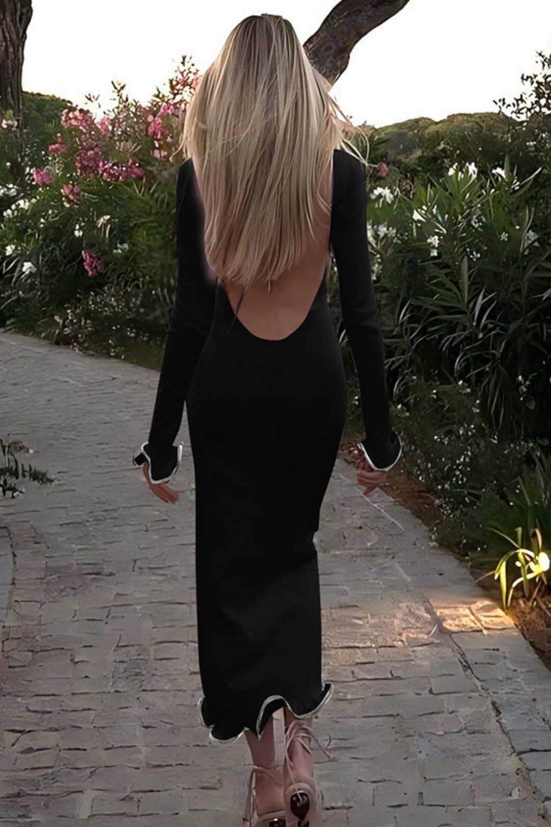 Backless Bell Sleeve Ruffle Skirt Knitted Long Dress Sexy Contrasting Color Long Dress