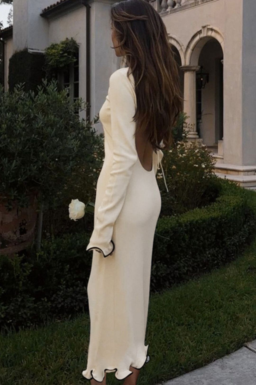 Backless Bell Sleeve Ruffle Skirt Knitted Long Dress Sexy Contrasting Color Long Dress