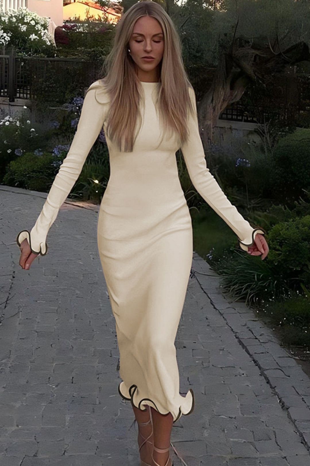 Backless Bell Sleeve Ruffle Skirt Knitted Long Dress Sexy Contrasting Color Long Dress