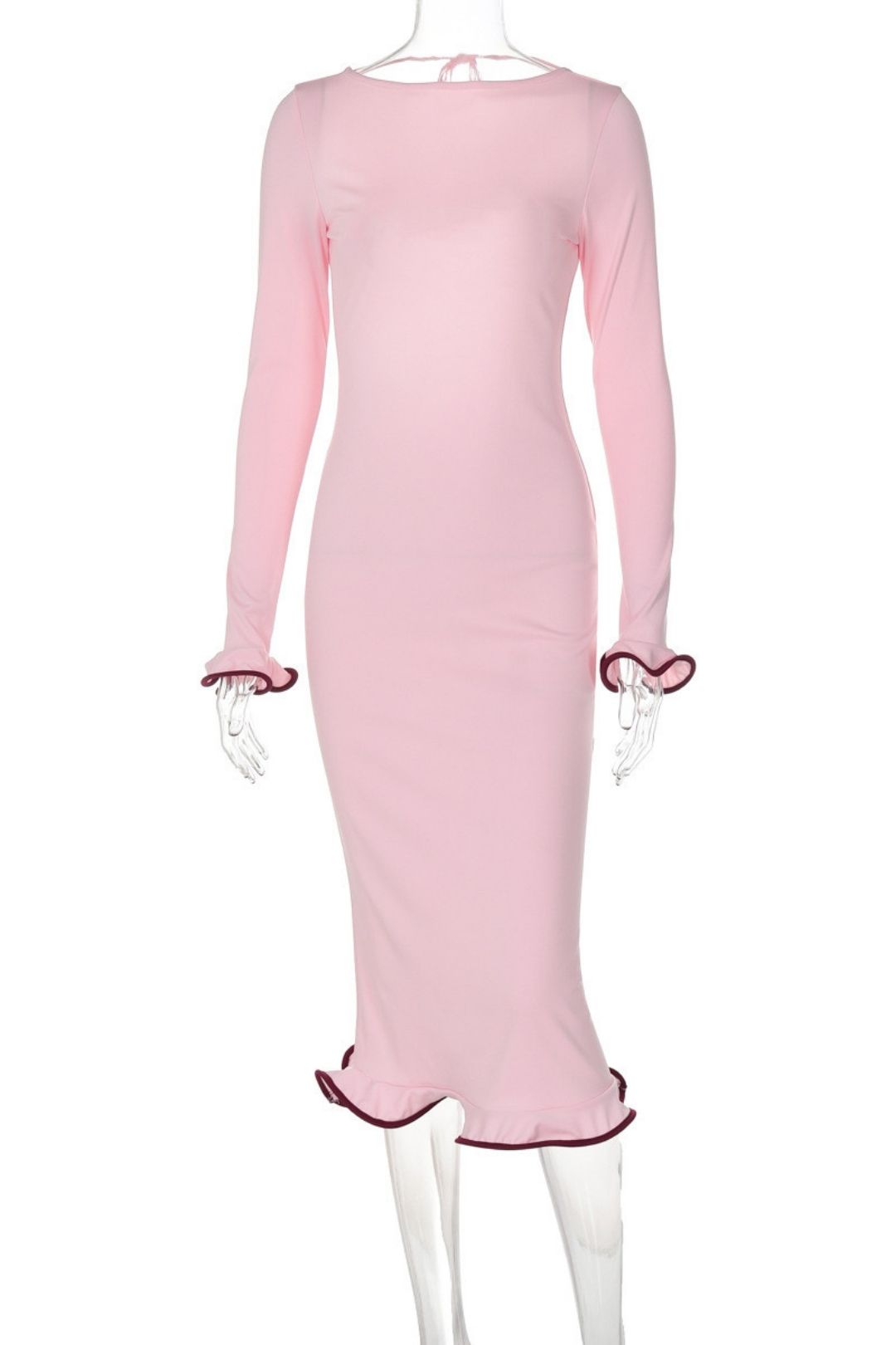 Backless Bell Sleeve Ruffle Skirt Knitted Long Dress Sexy Contrasting Color Long Dress