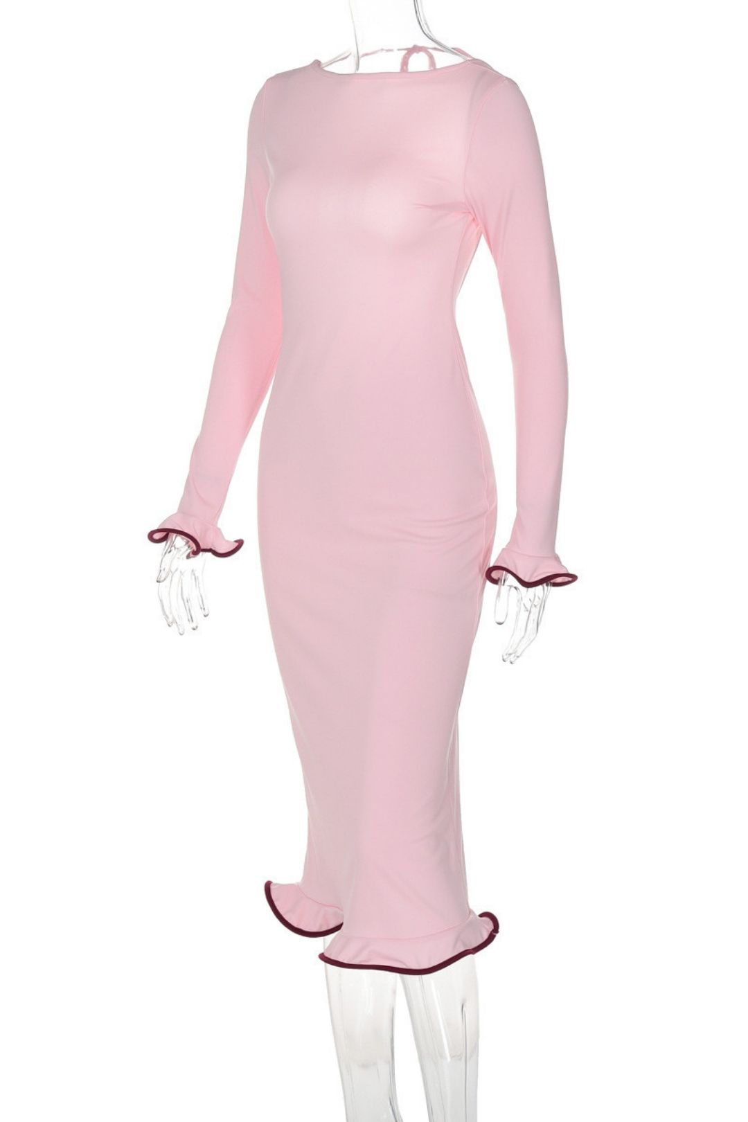 Backless Bell Sleeve Ruffle Skirt Knitted Long Dress Sexy Contrasting Color Long Dress