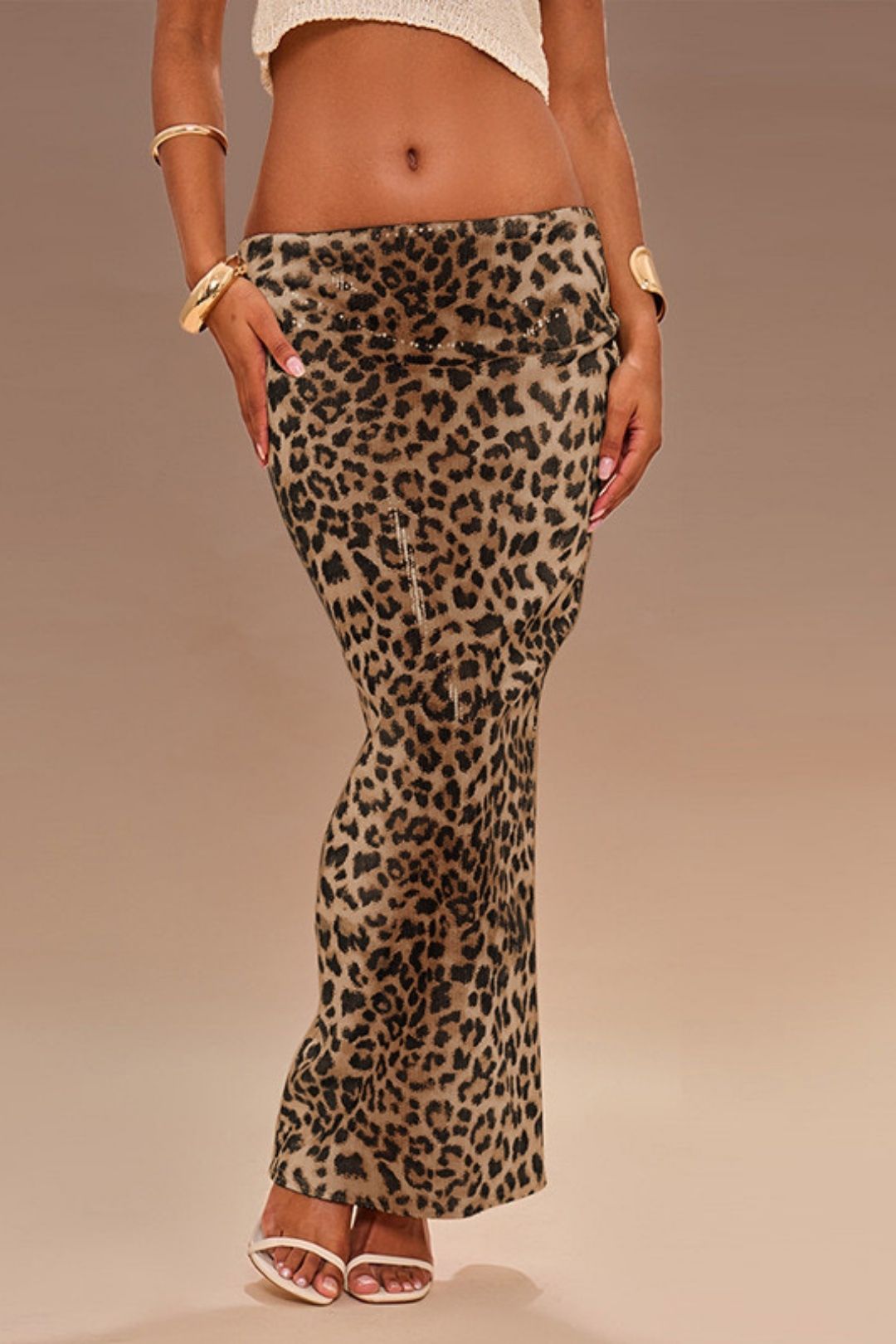 Leopard Print Beads Covering Hips Royal Sister Style Long Slit Skirt