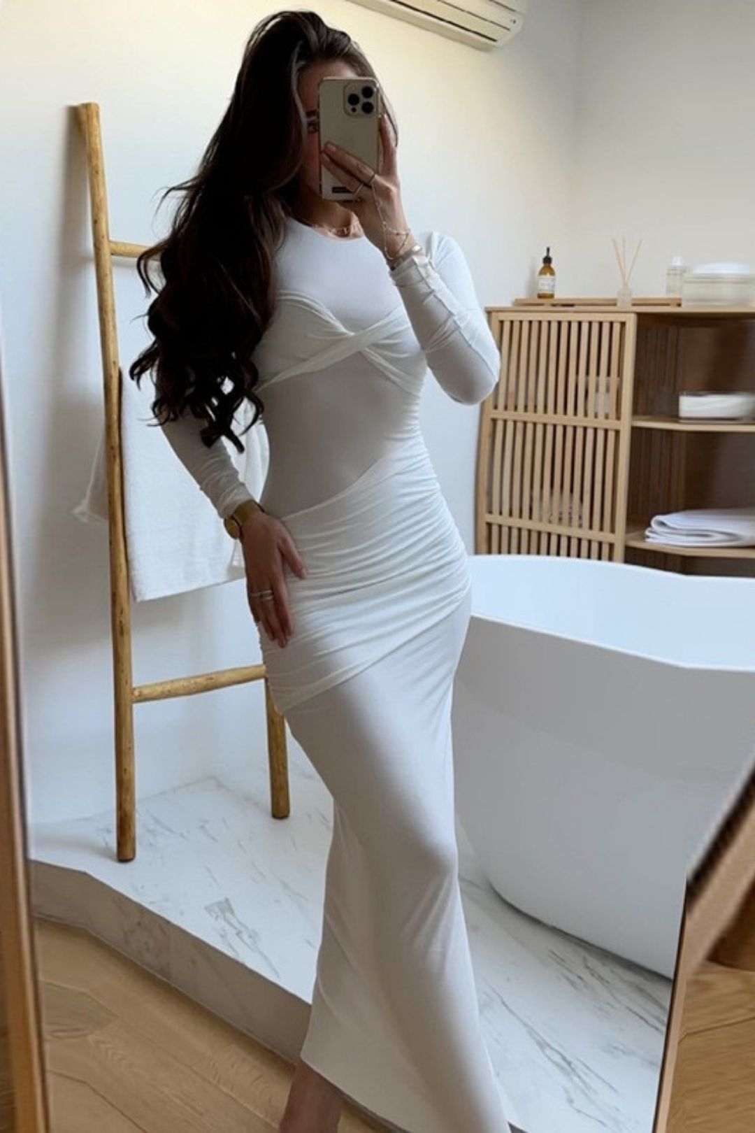 Sexy Slim-fitting Round Neck Long-sleeved Dress Cross-border New Style Pleated Hip-covering Solid Color Long Skirt