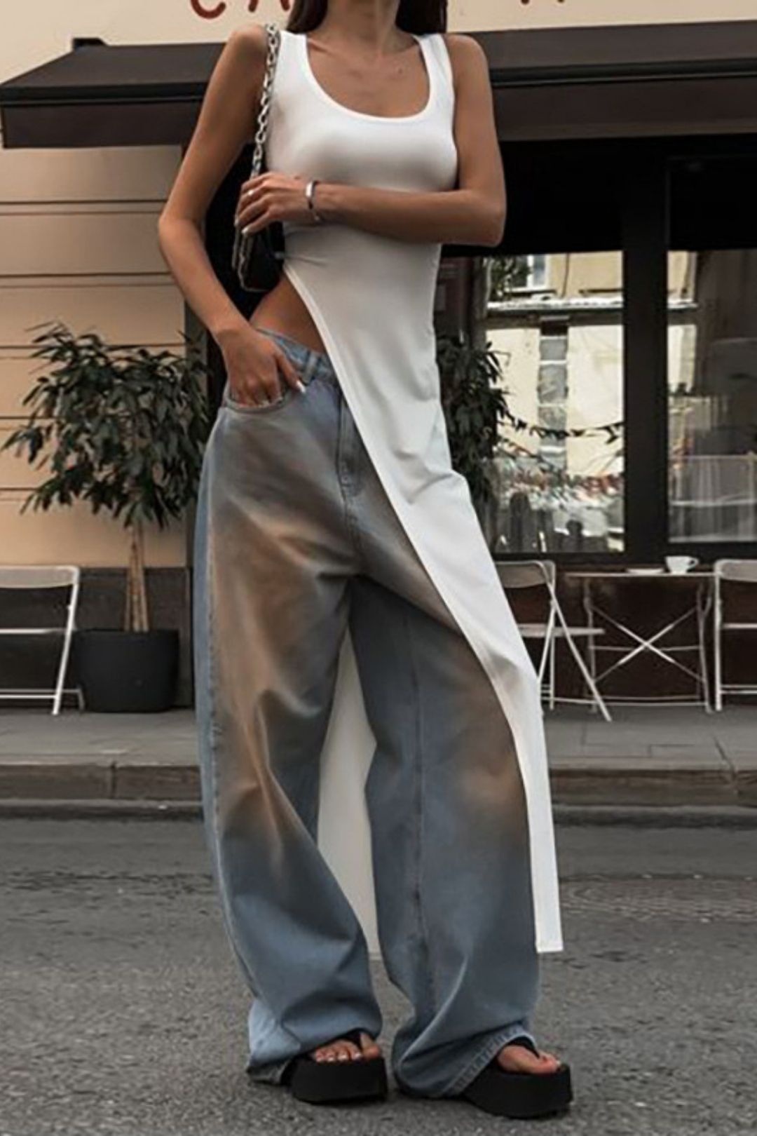 Irregular Long U-neck High Slit Solid Color T-shirt Vest