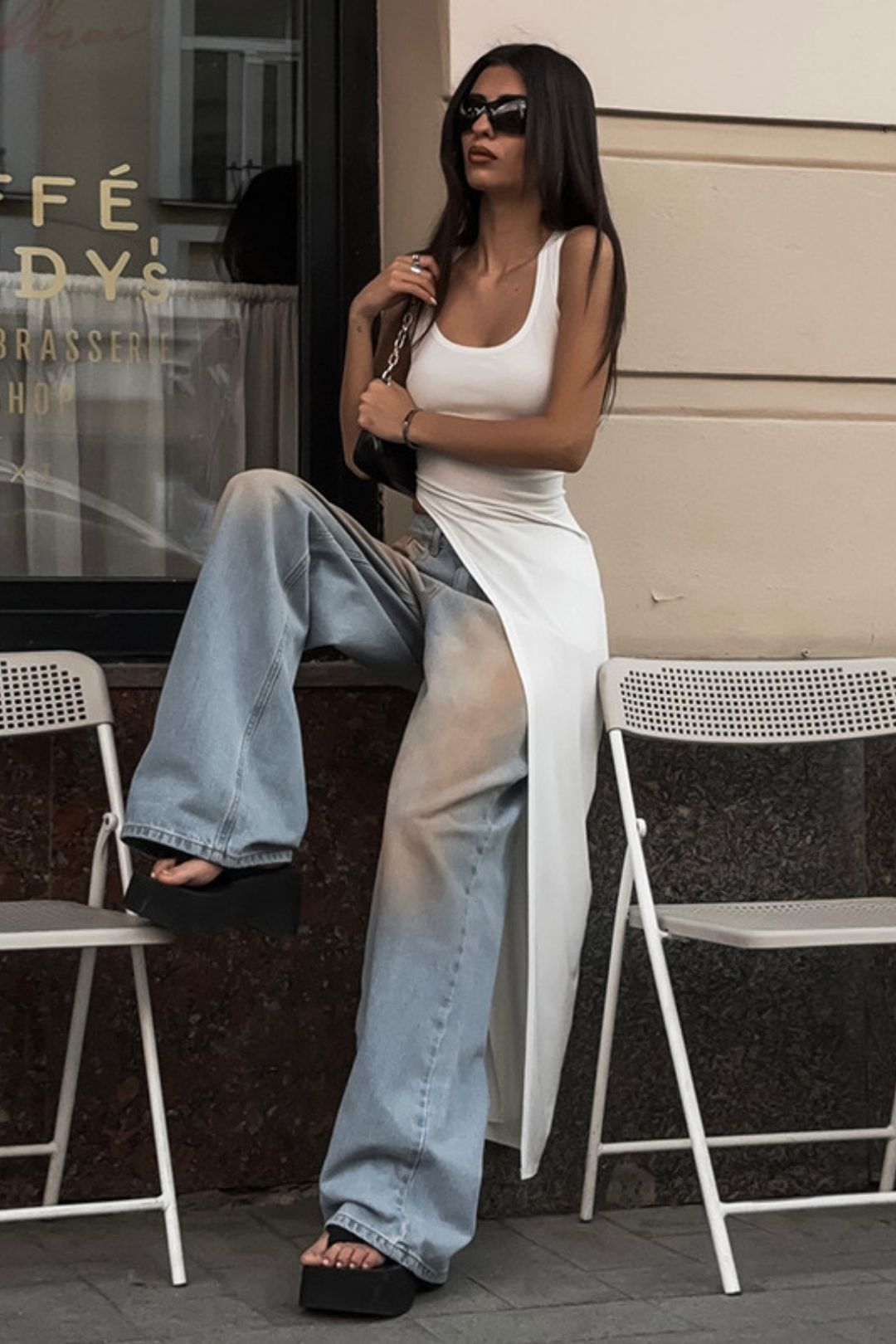 Irregular Long U-neck High Slit Solid Color T-shirt Vest