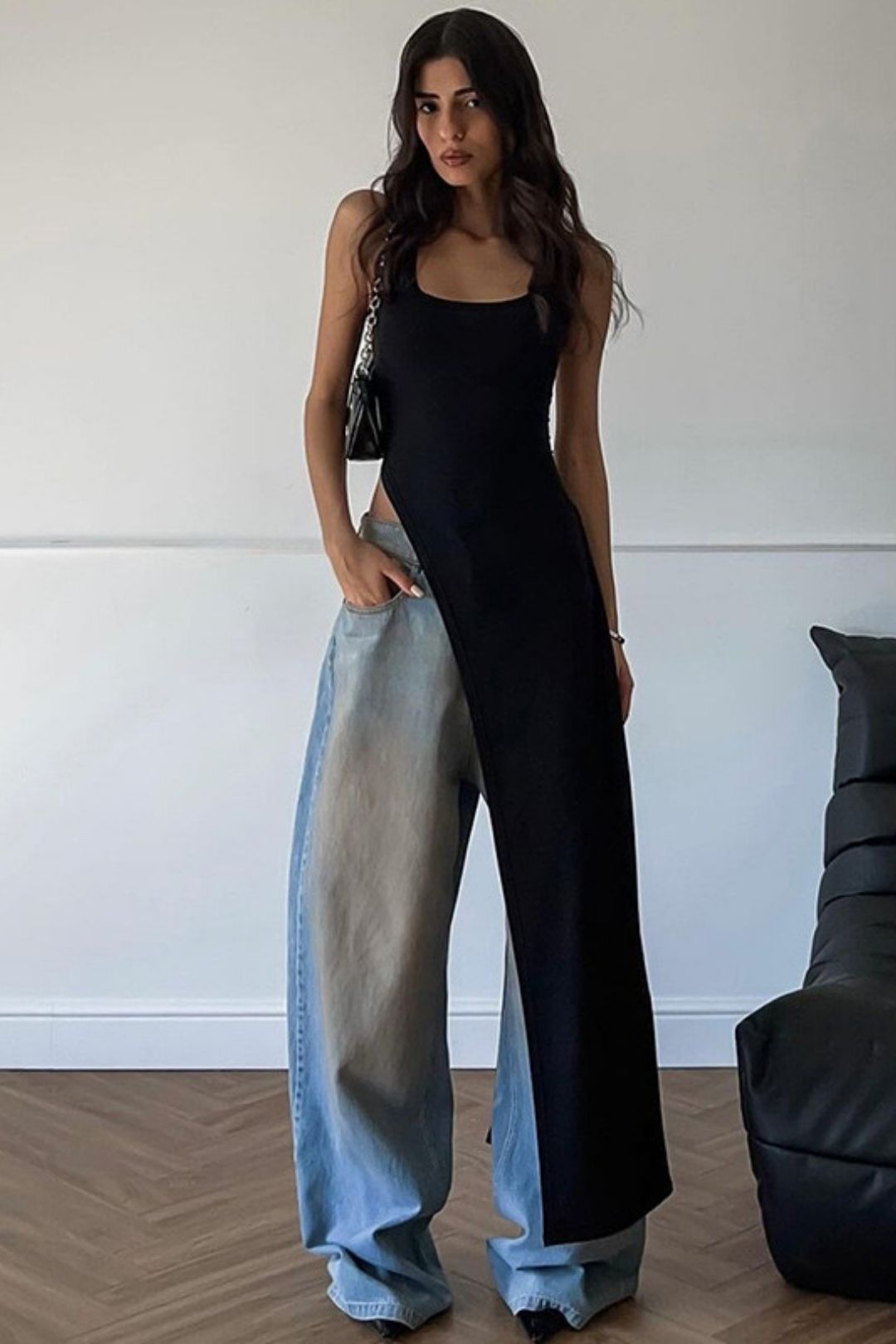 Irregular Long U-neck High Slit Solid Color T-shirt Vest