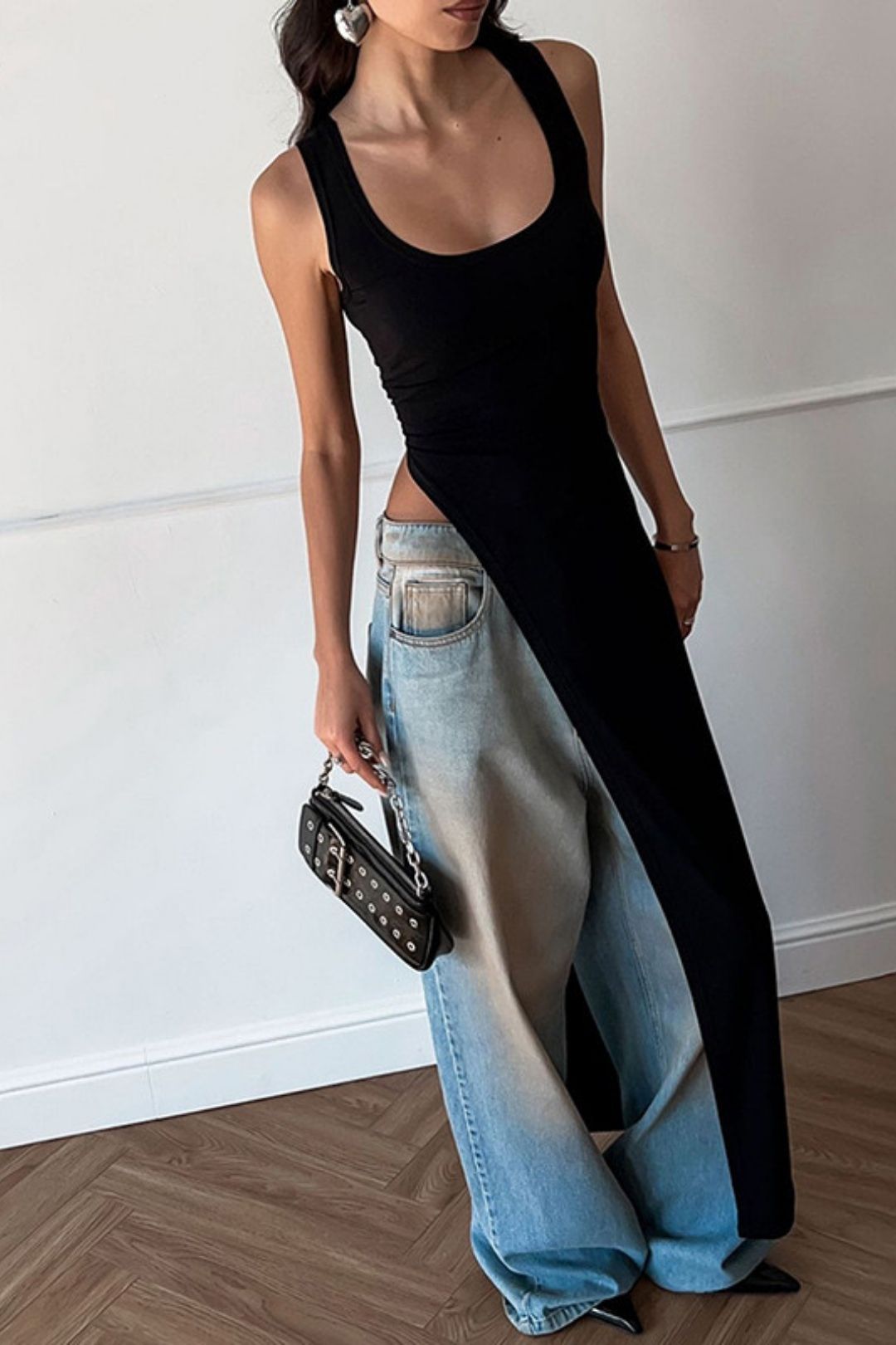 Irregular Long U-neck High Slit Solid Color T-shirt Vest