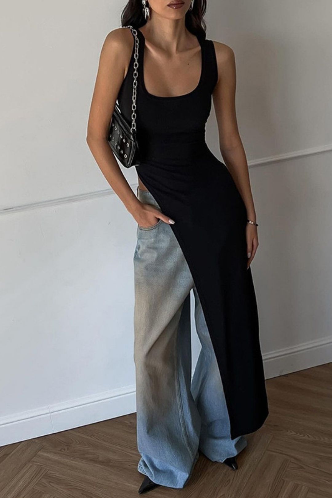 Irregular Long U-neck High Slit Solid Color T-shirt Vest